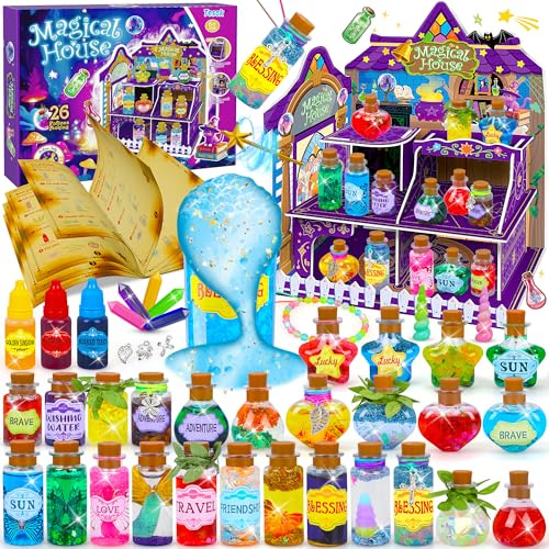 Magic Potions Kit for Kids with DIY Magical House,26 Mixed Magic Wizard Potion Bottles,Mystery Potions Craft Kit,Christmas Decorations Birthday Gifts for Age 6 7 8 9 10+ Year Old Girls Boy