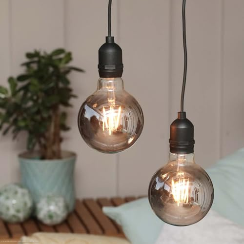 hellum Hängelampe Outdoor 2er Set, Vintage Rauchglas G95 Ø 9,5 x 13,7 cm, warmweißes LED-Filament, batteriebetrieben mit Fernbedienung, Timer & Dimmer, für Balkon, Terrasse, Garten, 151442