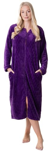Camille Damen Super Soft Fleece Hausmantel - Diamond Print Bademantel Mit Reißverschluss - Langärmelig Und Seitentaschen Für Ultimativen Komfort Und Wärme Violett