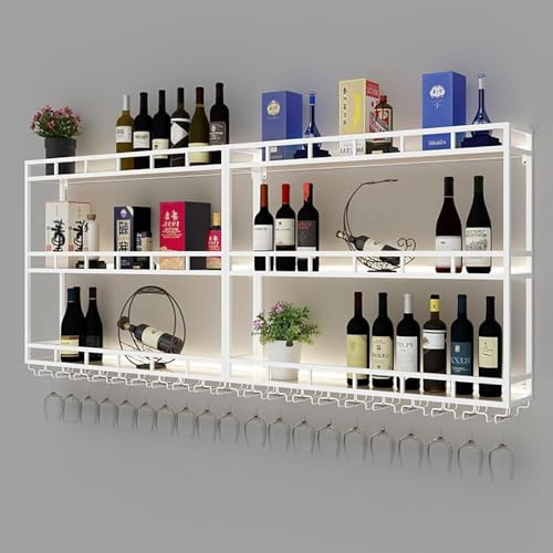 Large Wine Rack Wall Mounted with Led Lights, Industrial Metal Bar Unit Floating Shelves Glass Holders, Liquor Bottle Display Shelf for Kitchen Home Bar Cafe(Size:200x86x20cm,Color:White)