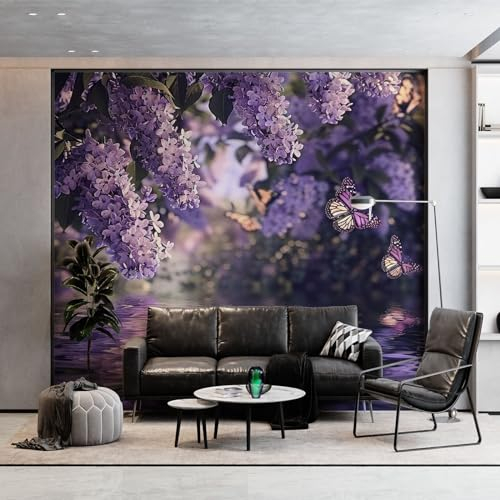 Wandtapete Pflanzen Und Blumen Lila Schmetterling Fototapete, Lila Vliestapete Bild Dekoration Wand-Dekor, 250 x 175 cm (WxH) Tapete Panorama Poster Für Mädchen, Jungs Schlafzimmer Wohnzimmer