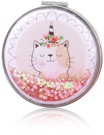 AORHOFJ 1 Pieza Mini Espejo Plegable, Espejo Compacto, Espejo Portátil, 1x / 2X Aumento, Espejo de Bolsillo Redondo de Metal (Gato de Caricatura)