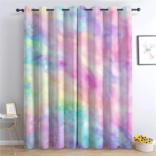 Fantasy Blackout Curtains for Bedroom 46” W x 54” L 2 Panels, Dreamy Rainbow Tie Dye Thermal Insulated Noise Reducing Soft Curtain, Washable Colorful Curtains for Kids Room & Living Room