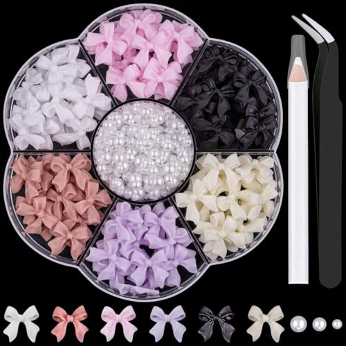 JEYORZY 1 Karton Nageldekorations Sets, Schleifen Nagelanhänger, Bunte Schleifenknoten-Nagelstecker-Strasssteine Kristall, 3D-Schleifenknoten-Nagelanhänger-Set, DIY-Dekoration, Nagelkunst-Strasssteine