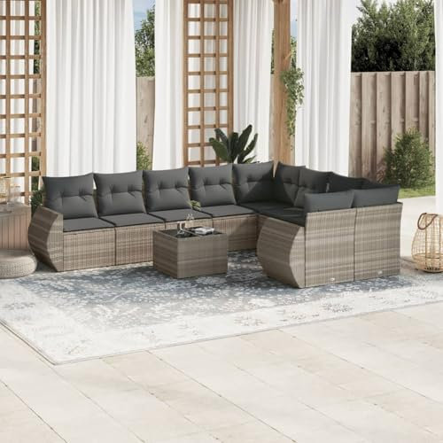 Homgoday Gartenmöbel-Set, 10-teilig, mit Kissen, hellgrau, Polyrattan, Möbeldekor, Set aus Schlafsofa, Wohnzimmer, Couch, modernes Sofa-Set für den Außenbereich für den Garten, Modell 3221851