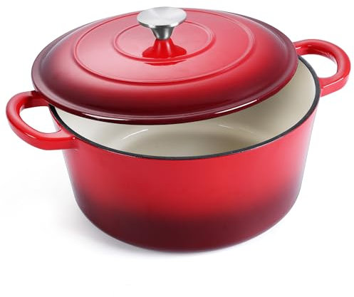 E-far Dutch Oven Pot with Lid, 5 Quart Enameled Cast Iron Round Dutch Oven Stockpot for Bread Baking/Braising/Cooking/Roasting/Stewing, Heavy Duty Nonstick Cookware Safe for Induction & Oven - Red