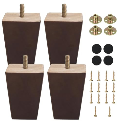4Pcs Wooden Sofa Legs 8cm Furniture Legs 3inch Walnut Cabinet Legs Screw in | Bed Legs Square Replacement Furniture Feet M8 Thread with Mounting Plates Screws Non-Slip Mat for Table Chair Couch TV Stand