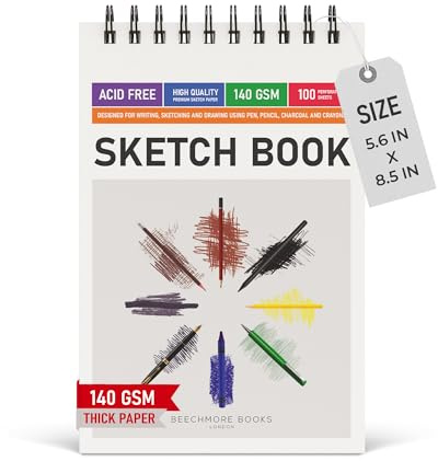 Beechmore Books 5.6x8.5 Sketchbook – 140 GSM Acid-Free Paper, 100 Perforated Pages, A5 Art Sketch Pad for Drawing & Sketching, Artists & Adults