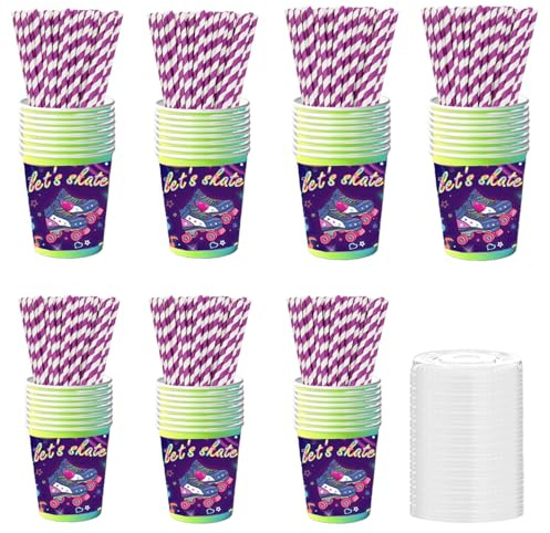 Paquete de 50 vasos de papel para fiestas de patinaje sobre ruedas con tapas, popotes, vasos de papel a prueba de fugas para Let's Roll, regalos de fiesta de cumpleaños, chocolate caliente, café,
