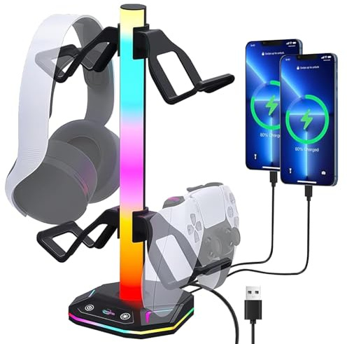 auvstar RGB Headset Halterung mit Gewichteter Fuß,Kopfhörer Halter,Gaming Headset Halterung mit USB Typ-C Ladegeräten und Datenübertragung,Geeignet für Kopfhörer und Griffe (Schwarz)