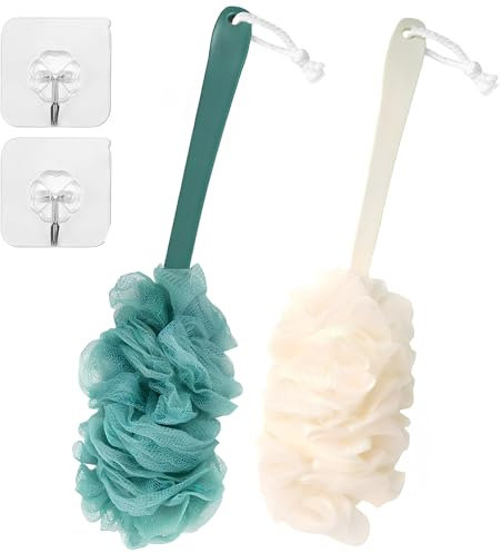 2 Pieces Back Brush Scrubber Shower Loofah Long Handle Bath Brush Shower Body Brushes with Bath Net Sponge Soft Mesh for Exfoliating and Removing Dead Skin for Men and Women(Blue and Beige)
