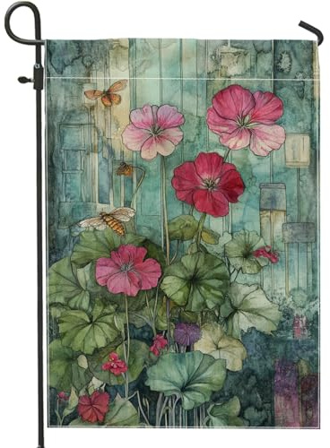 Bandera de jardín floral de geranio de durazno para primavera, verano, flores coloridas, mariposa, decoración de patio al aire libre, arpillera de doble cara, decoración de césped, 12 x 18 pulgadas