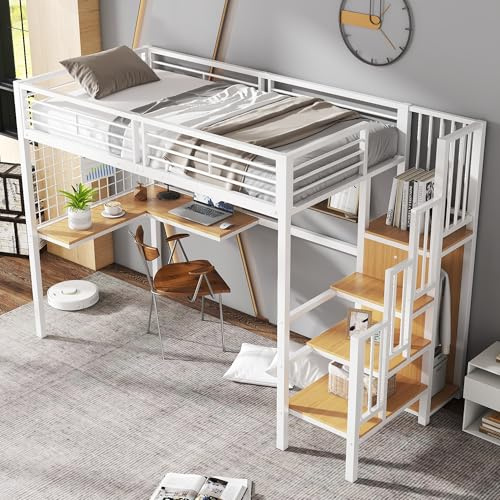 EINHOM Kinderbett 90x200, Etagenbett Hochbett mit Tisch und Kleiderschrank, Eisenbett mit Seitenleiter Handlauf, Geeignet für Kinder und Jugendliche, Eisen+Spanplatte, Ohne Matratze (Weiß+Natur)