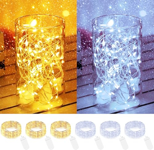 btfarm 6 Stück Lichterkette Batterie mit Klein, 2M 20LED Mini Lichterketten | Silberdraht, Micro Draht, Batteriebetrieben, Wasserdichte, für Innen Weihnachten Hochzeit Party Deko, Warmweiß+Kaltweiß