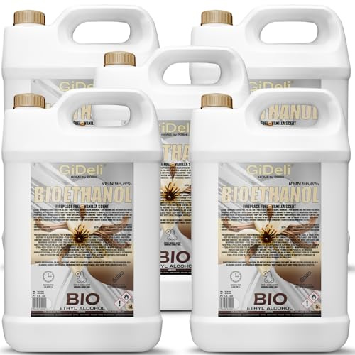 GiDeli Bioetanol 5 x 5 l de aroma de vainilla 96,6% etanol para chimeneas interiores y exteriores, sin humo ni hollín, de maíz y remolacha azucarera