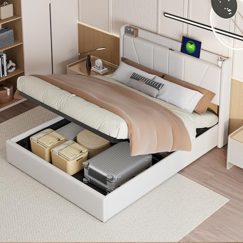 BRYXR Polsterbett 160x200 mit Stauraum, Doppelbett mit USB und kopfteil, Hydraulisch Stauraumbett, Bettgestell mit Lattenrost, Jugendbett Funktionsbett, Beige Leinen, Ohne Matratze