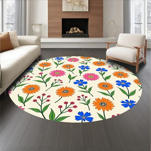 ODIKA Flatwoven High Traffic Area Rug 6, Meadow Wildflower Mosaic with Interlocking Seed Pod and Floral Motifs, Non Slip, Stain Resistant, Washable Area Rugs for Living Room, Bedroom (Beige, 6)