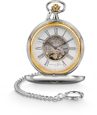 Hermann Jäckle Herren Taschenuhr Augsburg Skelett Handaufzug 50 mm | Klassische Skelett-Taschenuhr im Vintage-Design mit Handaufzug, Mineralglas, Kette und Reiseetui