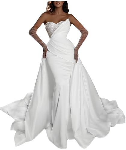 HAIBFJIN Satin-Brautkleid mit Schleppe Brautkleid Mit Spitzenschleppe Trägerloses Funkelndes Brautkleider