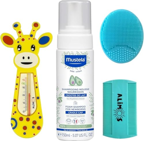 Alimos Baby Bath Silicone Brush & Fine Tooth Comb and Bath Thermometer to Work with Mustela Cradle Cap Foam Shampoo for Newborns 150ml