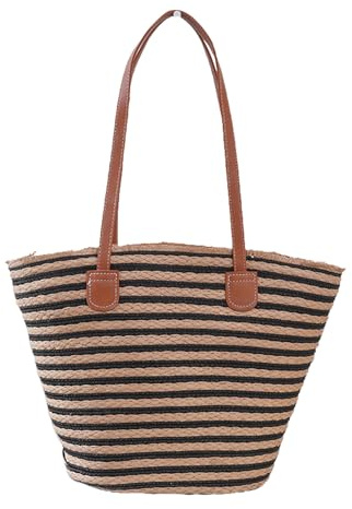 Generisch Strohtaschen Damen Boho Sommer Shopper Korbtasche Strandtasche Gestreift Handtasche Moderne Schultertasche Basttasche Stroh Geflochten Tasche Strand Häkeltasche
