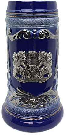 0.6 Liter | OktoberfestHaus Beer Stein Mug German Bayern Lion Coat Of Arms Bier Krug with Metal Emblem On Cobalt Blue Ceramic Tankard Stein