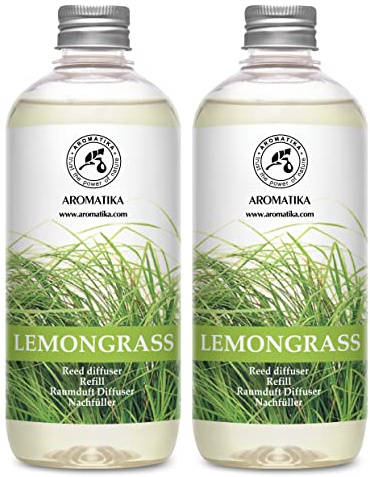 Lemongrass Diffuser Refill 1000ml (2 x 500ml) - Fresh & Long Lasting Fragrance - Refill Bottle with Natural Pure Essential Lemongrass Oil - Best for Aromatherapy - Spa - Home - Kitchen - Office