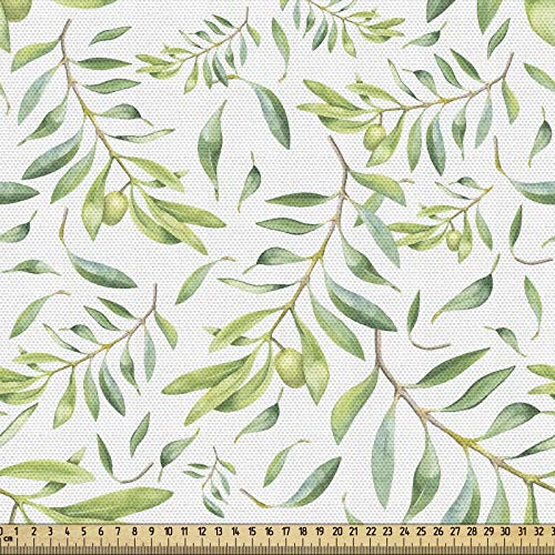 ABAKUHAUS Grünes Blatt Gewebe als Meterware, Künstlerischer Olivenbaum, Dicht Gewebter Stoff zum Nähen Polster Wohnaccessoires, 3M (148x300cm), Avocadogrün Olivengrün Weiß