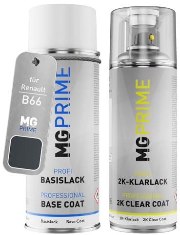MG PRIME Autolack 2K Spraydosen Set für Renault B66 Gris Eclipse Nacre Metallic/Graphitschwarz Metallic Basislack 2 Komponenten Klarlack Sprühdose