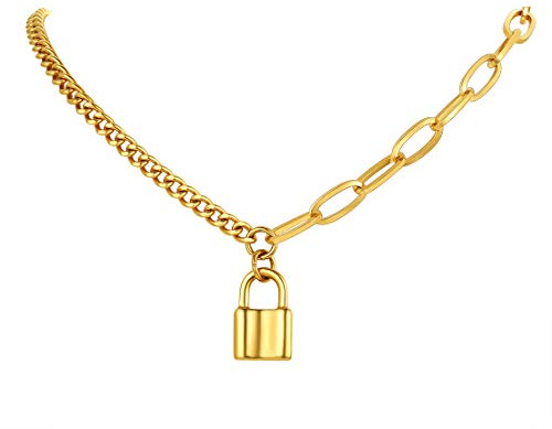FindChic Lock Chain Necklace Egirl Chains for Women Men Punk Gold Plated Stainless Steel Padlock Pendant Necklace
