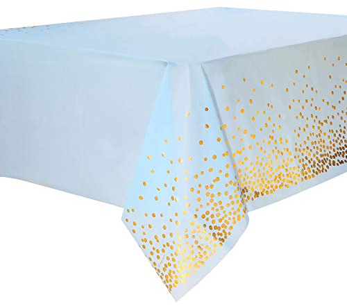 Duocute 4 Piezas Mantel Desecheble Fiesta Oro Azul Mantel Rectangular Dorado Cubierta de Mesa para Banquetes, Baby Shower, Cumpleaños de Niños, Tertulia, Aniversario, 137 cm x 274 cm