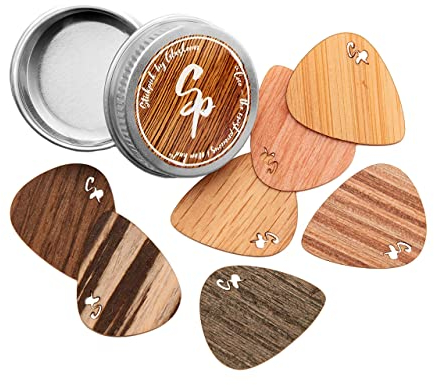 Stickpick | Set mit 7 flexiblen Gitarrenplektren aus edlem Echtholz | für E-, Akustik, und Bass-Gitarren in verschiedenen Stärken | in hochwertiger Aluminiumdose | Made in Germany