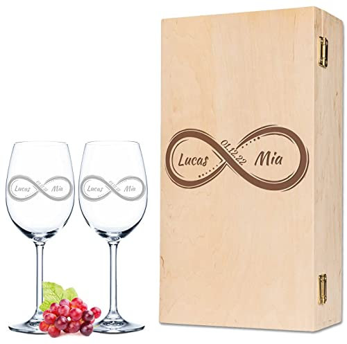 GRAVURZEILE Leonardo - Copa de vino, diseño de símbolo del infinito, grabado con nombre y fecha, incluye caja de madera grabada, regalo para boda, compromiso y aniversario