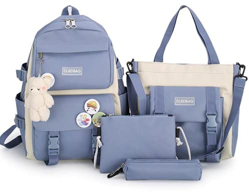 4pcs School Bags Set for Teen Girls Aesthetic Kawaii Backpacks, Blue, L, Daypack Backpacks