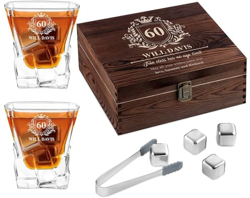 Maverton Whisky Stones & 2 Engraved Glasses Gift Set | 250ml Whisky Glasses in Personalised Wooden Box, Birthday Gift for Men, Gift idea for him Class