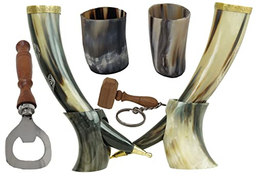 Galaxy Indiacraft Viking Corne de bœuf | Chope | Tasse | Tasse pour bière, hydromel, vin, verre à liqueur, décapsuleur | 100 % sans fuite | Naturel et fait à la main | Offres combinées (2 cornes)