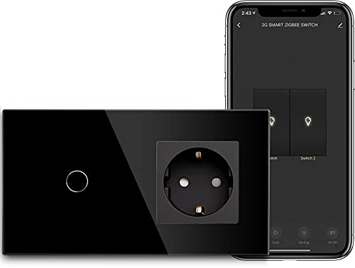 BSEED Interruttore della luce WLAN (neutro richiesto), 1 interruttore WiFi a 1 via, con presa non WiFi in vetro, interruttore intelligente compatibile con Alexa/Tuya/Google Home/SAMRT LIFE, nero