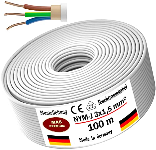 MAS Premium Feuchtraumkabel Stromkabel 5-200m Mantelleitung NYM-J 3x1, 5 2,5 4 6 10 oder 5x1,5 2,5 4 6 10 16 Elektrokabel für feste Verlegung (NYM-J 3x1, 5 mm², 100m)