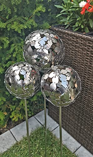 3er Set Rosenkugel Flower Edelstahl matt gebürstet mit Stab 80 cm (20/15/15 cm), Silber