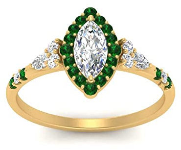 CaratYogi Bague de fiançailles Halo Edwardian plaqué Or Jaune Émeraude créée Marquise façonner Petites bagues de fiançailles réglage des Broches Taille 67 Cadeau