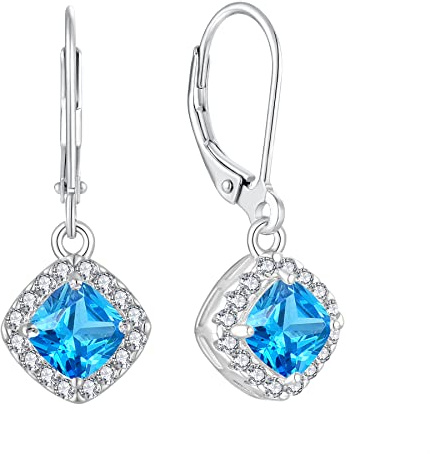 JO WISDOM Damen Hängende Ohrringe Halo Silber 925 mit 3A Zirkonia März Geburtsstein Aquamarin Farbe,Ohrhänger Schmuck,Schmuck für Frauen