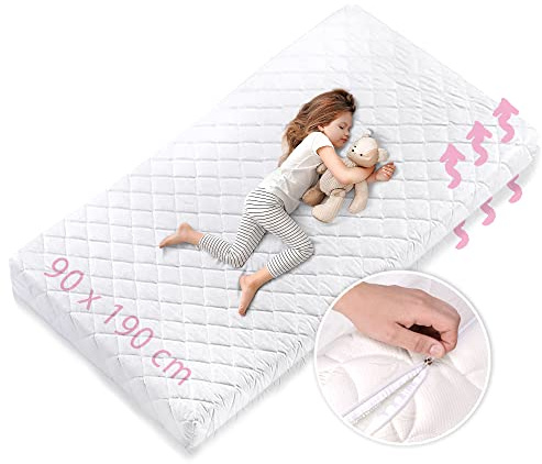Materasso per bambini, 90 x 190 cm, con fodera lavabile, 10 cm, spessore materasso in schiuma fredda di alta qualità, per lettino per bambini, letto per bambini, prodotto in UE, peso corporeo fino a