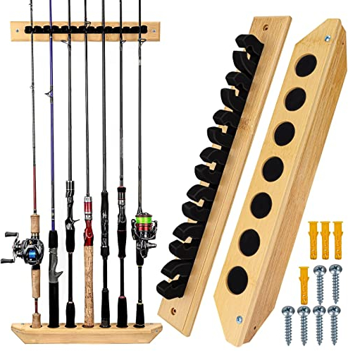 THKFISH Rutenständer Angelruten Angelrutenhalter für Garage Holz Angelstange Wand Rack Store 7 Angelrute Combos,1 Paar Vertikales