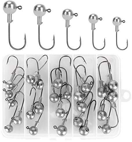 Realure 25 Piezas/5 Tamaños Jig Head Set Afiladas Cabezas Jig Anzuelos De Pesca con Bolas Redondas De Plomo, Anzuelos Jig para Peces De Goma, Cebos Blandos, Gusanos Rojos 8g 10g 12g 14g 16g
