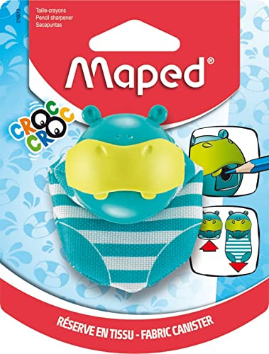 Maped - Anspitzer CROC CROC Hippo für 1 Stiftgröße mit Auffangdose - im lustigen Hippo-Design - mit praktischem Auffangbehälter aus Stoff - ideal für ein sauberes Etui