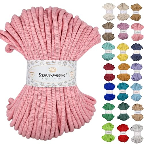 Sznurkomania, Baumwollkordel 9mm 50m, viele Farben, Makramee Garn, Baumwollgarn, geflochtene Baumwollkordel 9mm mit Kern, Häkelkordel, gehäkelte Tasche (Puderrosa)