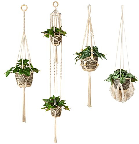 Macrame Plant Hanger for Indoor Set of 4, Bohemian Hanging Planter with Tassels for Flower Pot, Boho Decorative Houseplant Rope Holder for Minimalist Home Decor Bedroom Window Farmhouse Living Room