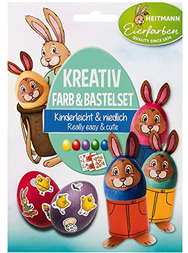 Heitmann Eierfarben - Kreativ Farb- & Bastelset - 5 Eierfärbetabletten in Gelb, Rot, Violett, Grün und Blau + Stickerbogen, Hasengesichter und Eierbecher