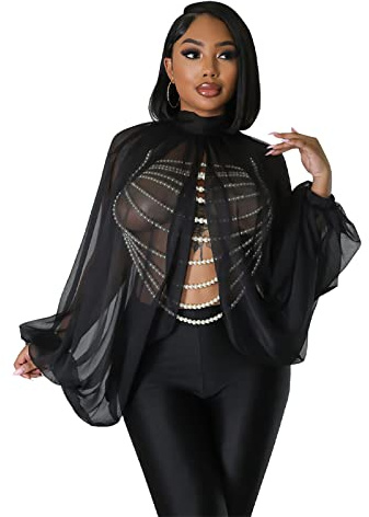 Women’s Sexy See Through Chiffon Sheer Lantern Sleeve Front Back Open Self Tie High Neck Batwing Long Sleeve Shawl Casual Shirts Blouses Tops Black S