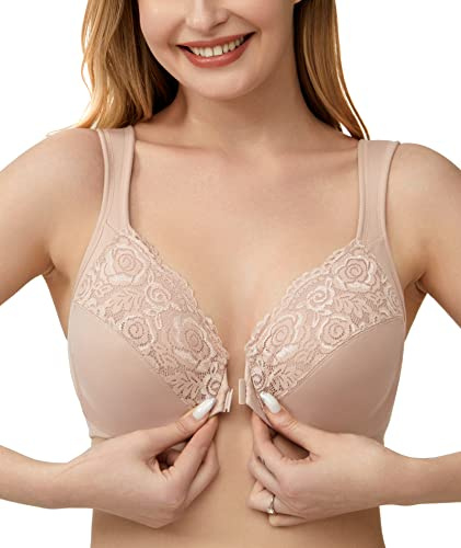 Lemorosy - Reggiseno Chiusura Anteriore Donna Basic Coppa Completa con Anelli Imbottiti Push Up Taglie Grandi(Beige,3E)